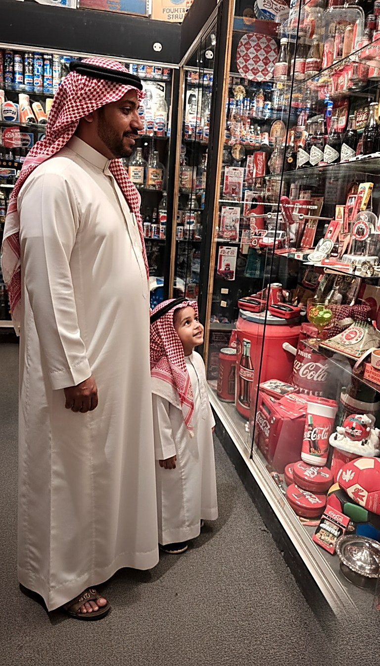 أب وابنه أمام فترينة كوكاكولا وبيبسي