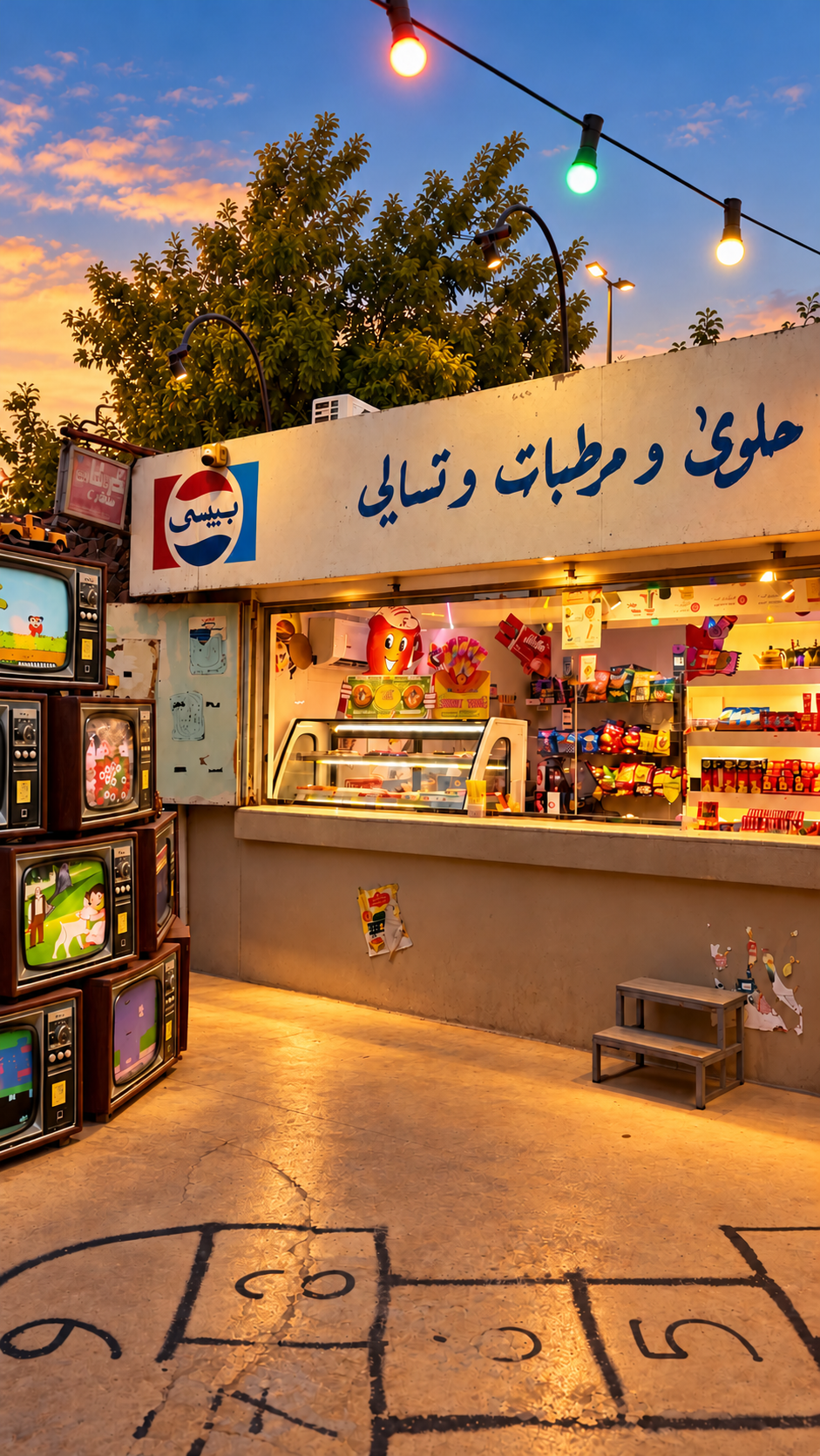 بقالة الطيبين — كشك الحلويات والمرطبات والتسالي بإضاءة المساء